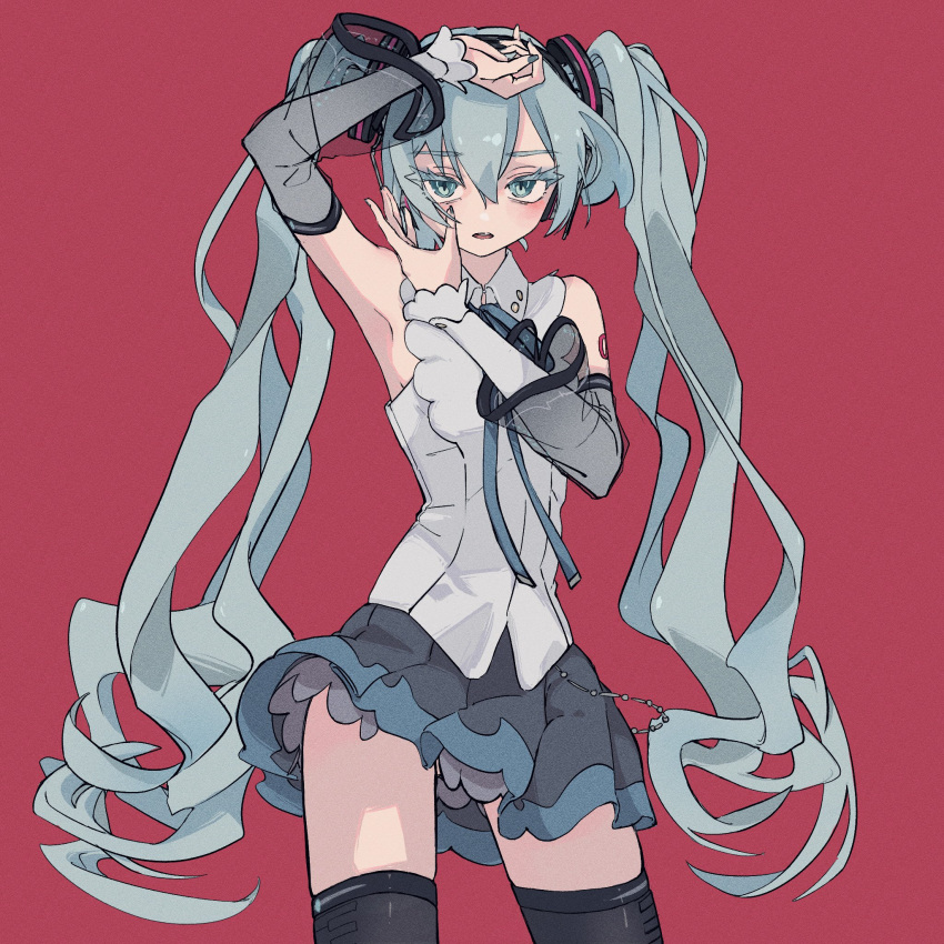 1girl 946083d1 arm_up armpits bare_shoulders black_skirt black_thighhighs blue_eyes blue_hair blue_nails blue_ribbon blue_skirt blush detached_sleeves eyelashes film_grain fingernails hair_between_eyes hatsune_miku headphones highres light_blue_hair long_eyelashes long_fingernails long_hair looking_at_viewer multicolored_clothes multicolored_skirt open_mouth red_background ribbon see-through simple_background skindentation skirt solo thigh-highs twintails twintails_day upper_body very_long_hair vocaloid