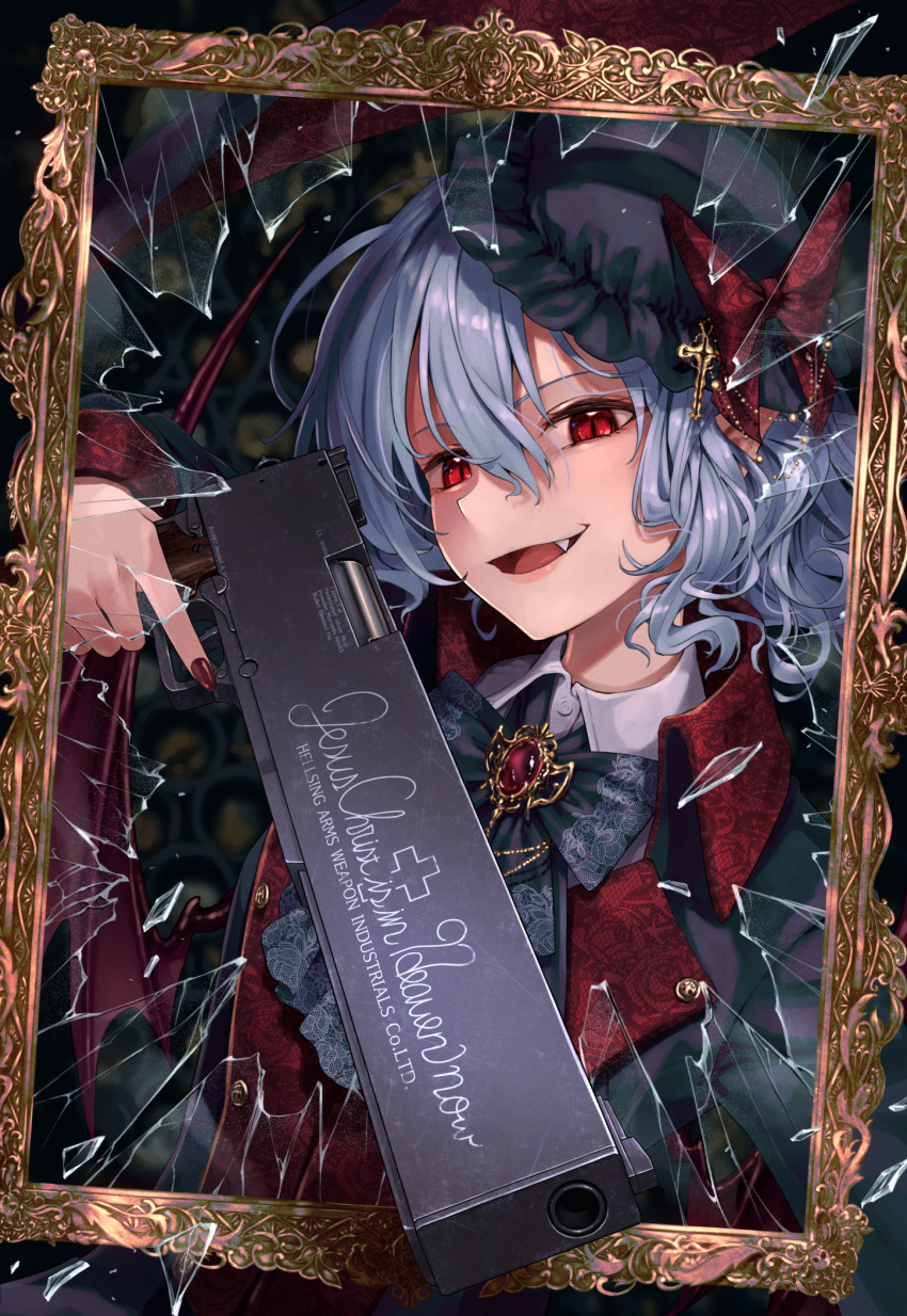 1girl alternate_costume broken_glass brooch fang glass greenkohgen gun hat hellsing highres holding holding_gun holding_weapon jewelry looking_at_viewer medium_hair mirror open_mouth red_eyes remilia_scarlet slit_pupils solo touhou weapon