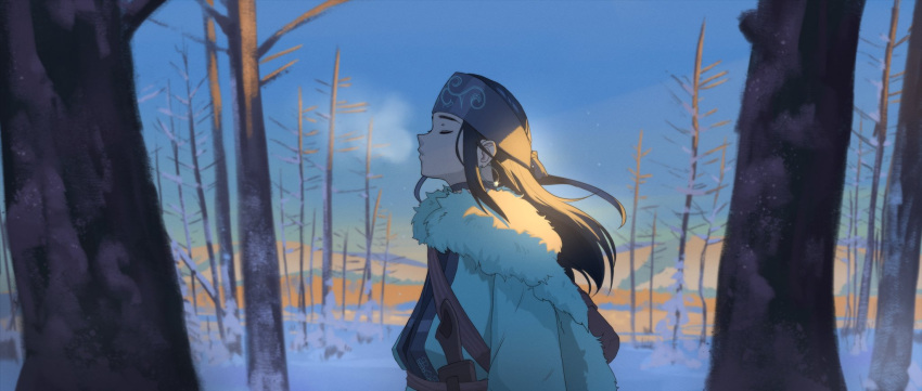 1girl ainu_clothes asirpa bandana bare_tree black_hair blue_sky breath choker closed_eyes closed_mouth cold commentary dagger day earrings english_commentary from_side fur_trim golden_kamuy highres hoop_earrings jewelry knife long_hair mountainous_horizon outdoors profile scabbard sheath sheathed sidelocks sky snow solo sunlight tree upper_body valantains weapon