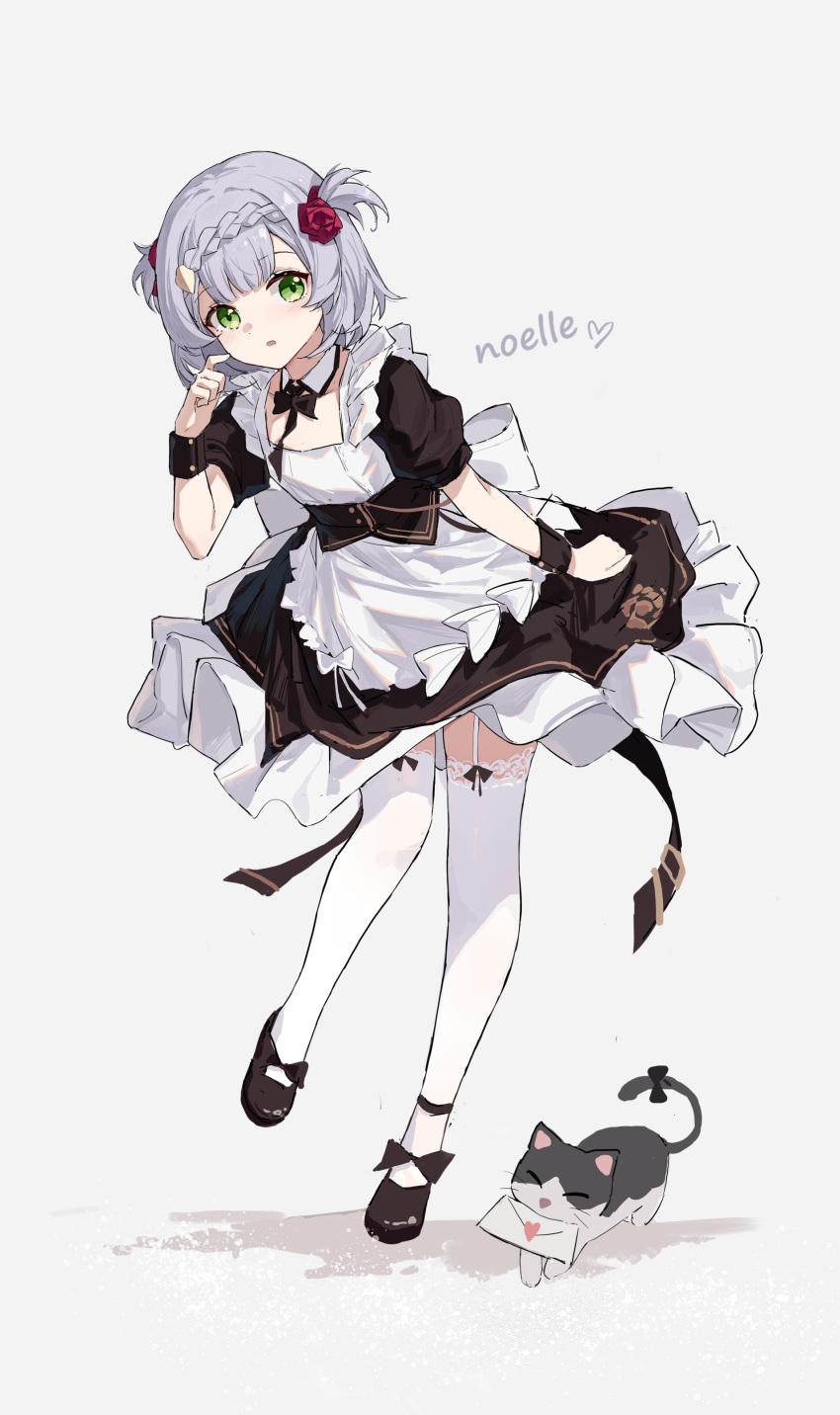 1girl absurdres apron bangs black_bow black_footwear bow braid braided_bangs breasts cat character_name flower garter_straps genshin_impact green_eyes highres lace-trimmed_legwear lace_trim letter looking_at_viewer maid maid_apron mary_janes noelle_(genshin_impact) open_mouth red_flower shoes short_hair simple_background small_breasts solo thigh-highs white_hair white_thighhighs yajuu