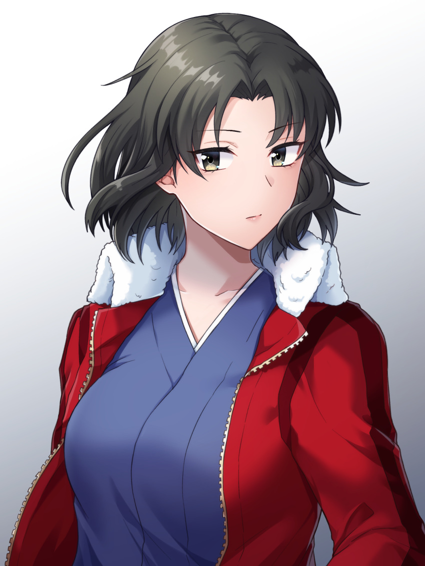 1girl black_hair blue_kimono brown_eyes closed_mouth fur_jacket gradient gradient_background grey_background hair_intakes highres jacket japanese_clothes kara_no_kyoukai kimono looking_at_viewer medium_hair open_clothes open_jacket red_jacket ryougi_shiki shiny shiny_hair solo straight_hair unzipped upper_body uto_hyou white_background