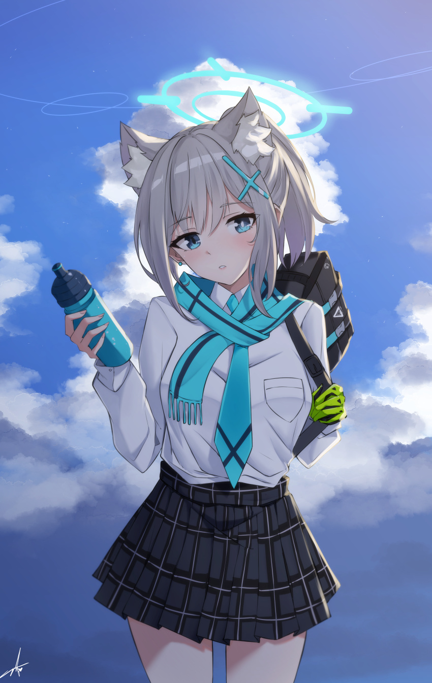 1girl absurdres alternate_costume alternate_hairstyle animal_ears bag bangs blue_archive blue_eyes blue_scarf blue_sky bottle clouds cloudy_sky collared_shirt commentary english_commentary feint721 gloves green_gloves grey_hair hair_between_eyes halo highres holding holding_bottle long_sleeves looking_at_viewer medium_hair mismatched_pupils necktie parted_lips plaid plaid_skirt pleated_skirt ponytail scarf school_bag school_uniform shiroko_(blue_archive) shirt shoulder_bag sidelocks single_glove skirt sky solo wolf_ears wolf_girl