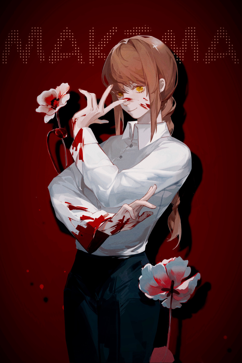 1girl absurdres bangs black_pants blood blood_on_clothes blood_on_face blood_on_hands braid braided_ponytail brown_hair buttons chainsaw_man character_name chinese_commentary collared_shirt commentary_request cowboy_shot drop_shadow fei_yu flower from_side highres long_hair long_sleeves looking_at_viewer makima_(chainsaw_man) pants pose red_background ringed_eyes shirt single_braid smile solo standing white_flower white_shirt yellow_eyes