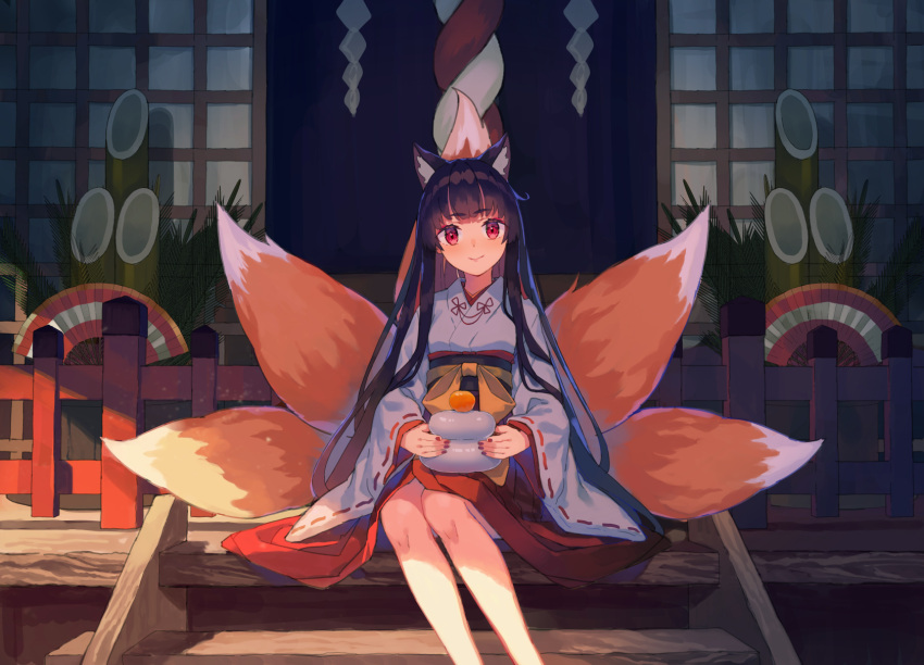 1girl animal_ear_fluff animal_ears architecture bangs bare_legs black_hair blunt_bangs closed_mouth east_asian_architecture food fox_ears fox_girl fox_tail fruit highres japanese_clothes kimono long_hair long_sleeves looking_at_viewer miko multiple_tails orange_(fruit) original red_eyes shrine sitting smile solo sunset tail tail_raised wide_sleeves yasumo_(kuusouorbital)