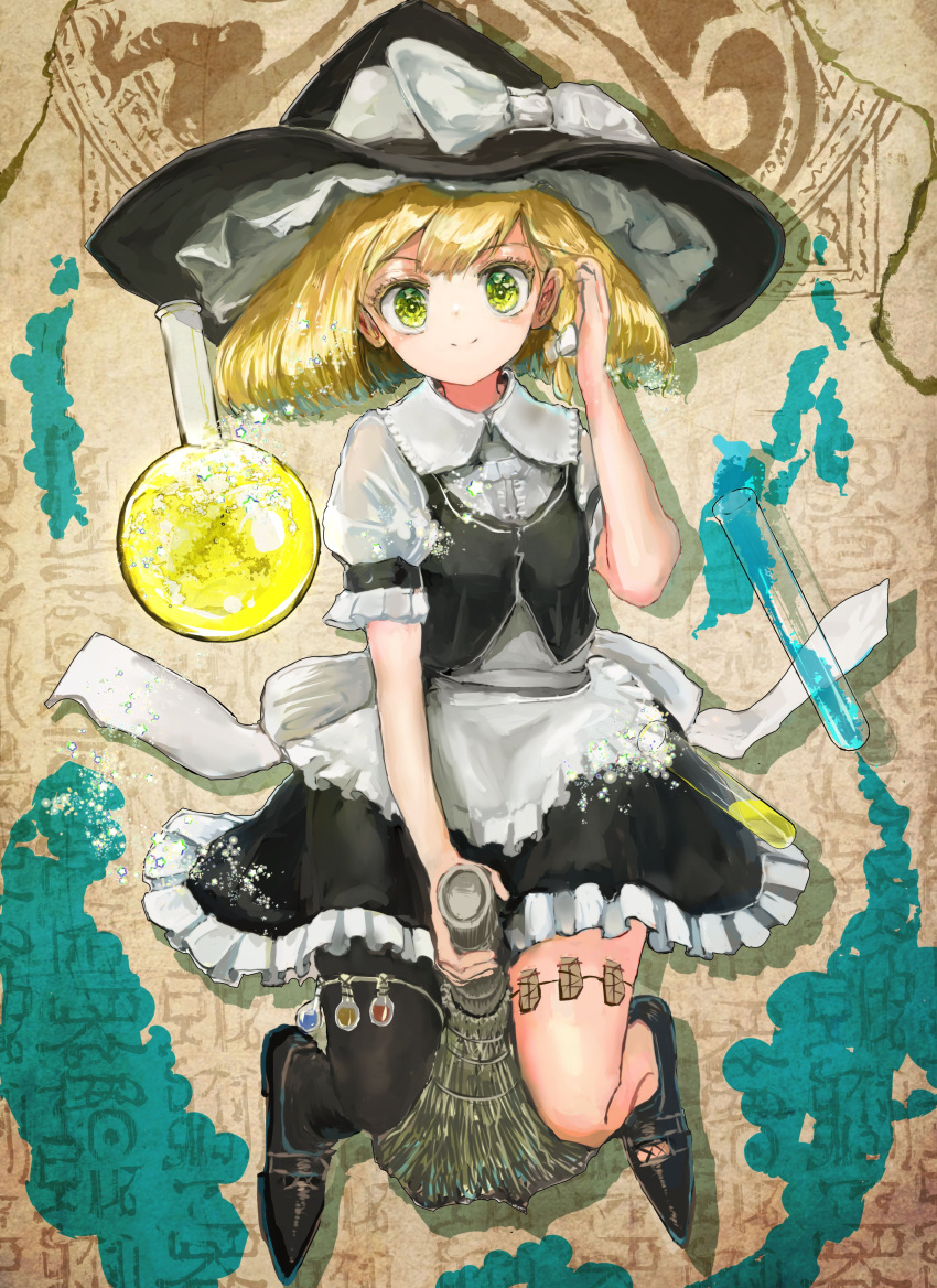 1girl absurdres apron ashiyama_yoshinori bangs black_footwear black_headwear black_pantyhose black_skirt black_vest blonde_hair bow broom broom_riding closed_mouth collared_shirt commentary_request flask frilled_apron frilled_hat frilled_shirt_collar frilled_skirt frills full_body green_eyes hair_bow hand_in_own_hair hat hat_bow highres kirisame_marisa looking_at_viewer medium_hair pantyhose pointy_footwear puffy_short_sleeves puffy_sleeves round-bottom_flask shirt shoes short_sleeves single_leg_pantyhose skirt smile solo star-shaped_pupils star_(symbol) symbol-shaped_pupils test_tube thigh_strap touhou vest white_apron white_bow white_shirt witch_hat