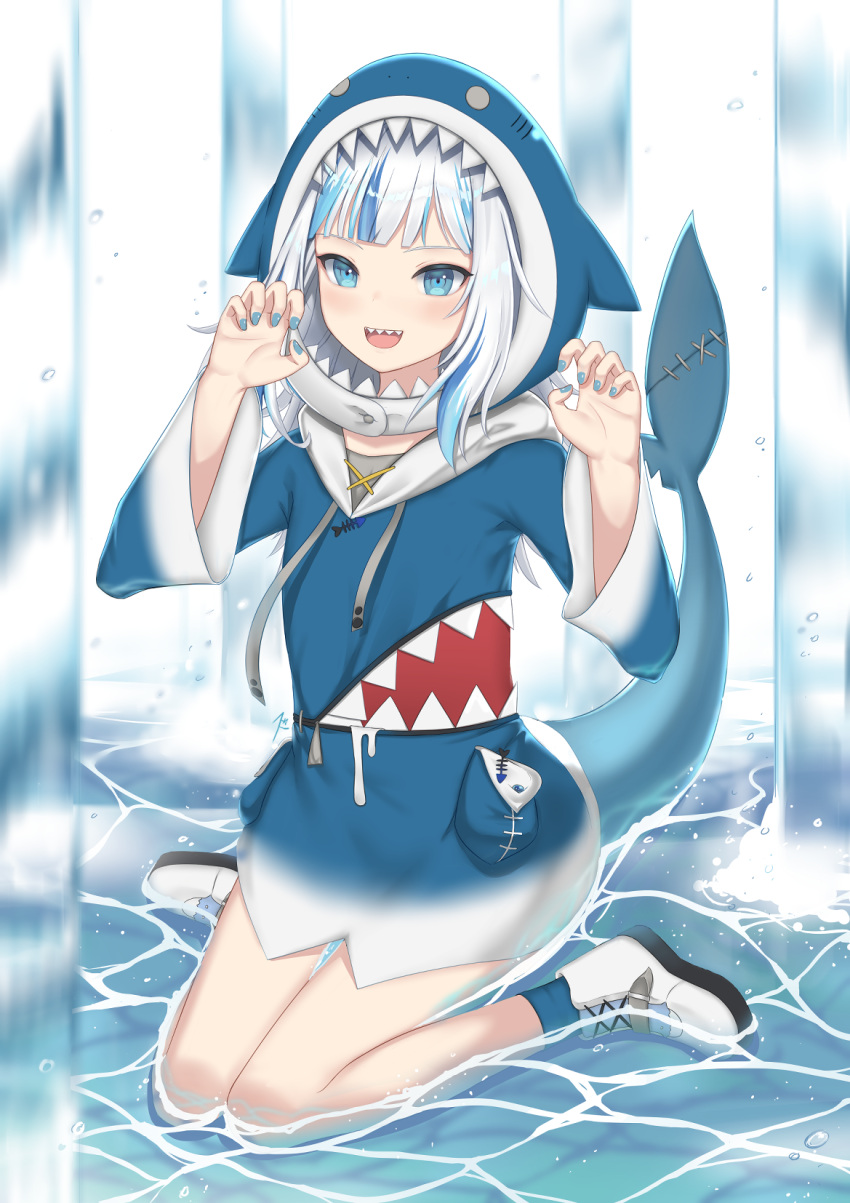 1girl :d animal_costume animal_hood bangs blue_eyes blue_hair blue_hoodie blue_nails blunt_bangs claw_pose commentary english_commentary fish_tail full_body gawr_gura hands_up highres hololive hololive_english hood hoodie long_sleeves looking_at_viewer medium_hair multicolored_hair nail_polish open_mouth shark_costume shark_girl shark_hood shark_tail sharp_teeth sitting smile solo streaked_hair suikunart tail teeth two-tone_hair virtual_youtuber wariza water white_background white_footwear white_hair wide_sleeves