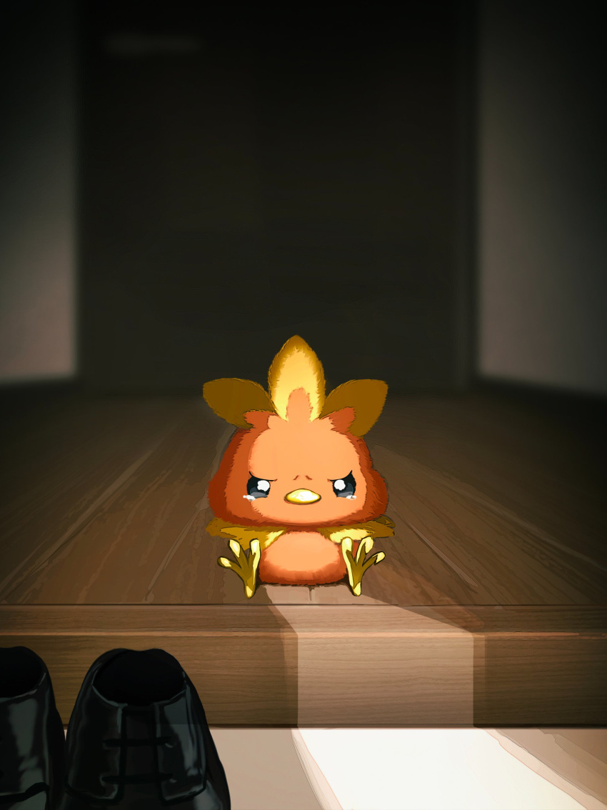 absurdres angry bird commentary_request highres indoors pokemon pokemon_(creature) shoes sitting solo starter_pokemon_trio suchi_(fsur7444) tearing_up torchic wooden_floor