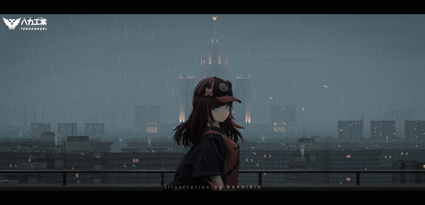 1girl absurdres animal_ears architecture arknights artist_name bakairis bandaid bangs bear_ears bird black_jacket blue_eyes blunt_bangs brown_hair building chinese_commentary city cityscape closed_mouth clouds cloudy_sky commentary_request earphones ears_through_headwear flat_cap from_side hat highres jacket letterboxed looking_at_viewer looking_to_the_side multicolored_hair official_alternate_costume open_clothes open_jacket outdoors partial_commentary railing rain red_shirt redhead scenery shirt sky smile solo streaked_hair two-tone_hair upper_body ursus_empire_logo zima_(arknights) zima_(ursusio79)_(arknights)
