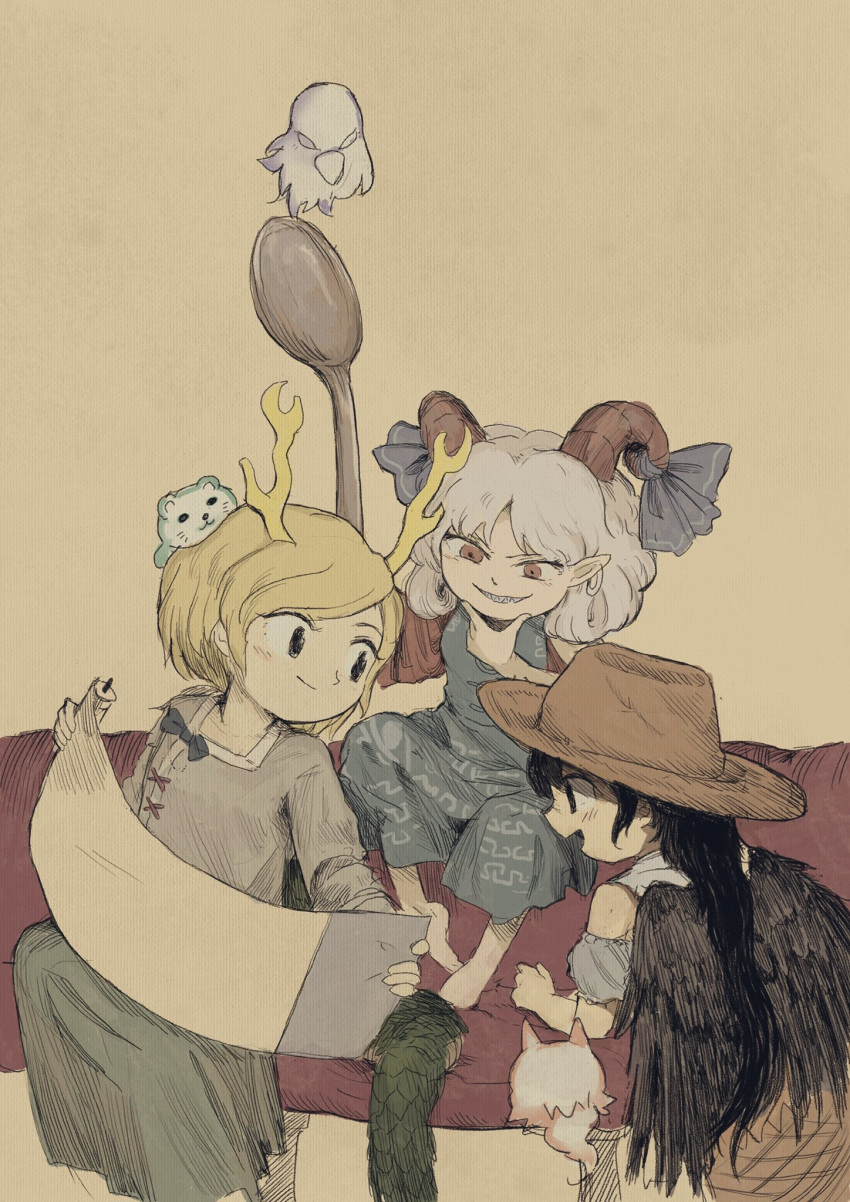 3girls animal animal_ears antlers arm_up bangs bare_shoulders barefoot bird black_eyes black_hair blonde_hair blue_bow blue_dress blue_ribbon blush bow brown_background brown_dress brown_headwear closed_mouth commentary_request couch cowboy_hat cross dragon_tail dress eagle eagle_spirit_(touhou) earrings green_skirt grey_hair grey_scarf grey_shirt hand_on_own_face hands_up hat highres horns jewelry kicchou_yachie kurokoma_saki long_hair long_sleeves looking_down looking_to_the_side multicolored_clothes multicolored_dress multiple_girls off-shoulder_dress off_shoulder open_mouth otter_ears otter_spirit_(touhou) pointy_ears ponytail puffy_short_sleeves puffy_sleeves red_eyes ribbon scarf seiza sharp_teeth shirt short_hair short_sleeves simple_background sitting skirt smile spirit spoon tail teeth touhou toutetsu_yuuma turtle_shell v-shaped_eyebrows weapon wide_sleeves wings wolf_ears wolf_spirit_(touhou) yamame_jinja