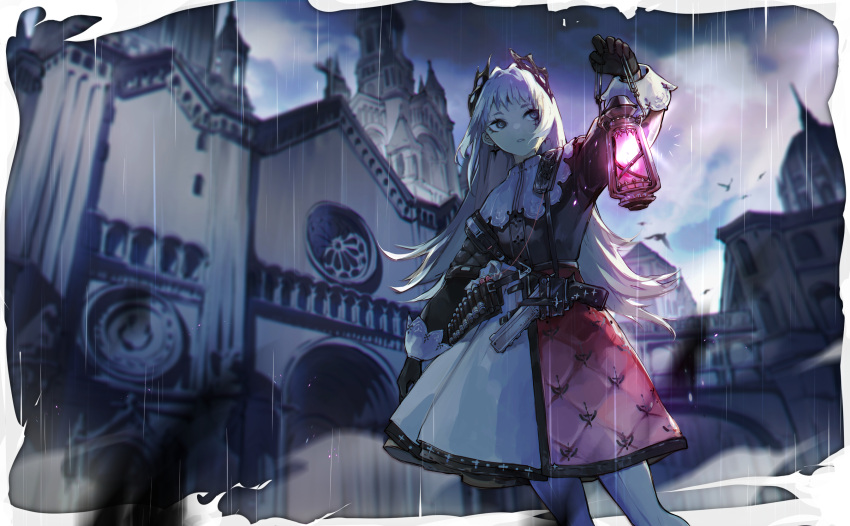 1girl ammunition_belt arknights arm_up backlighting black_gloves black_jacket building capelet church clouds cloudy_sky earrings feet_out_of_frame gloves grey_eyes grey_hair gun head_wings high-waist_skirt highres holding holding_lantern irene_(arknights) jacket jewelry koli_(ssssoliko) lantern long_sleeves looking_away looking_to_the_side outdoors pantyhose parted_lips print_skirt purple_skirt rain scar scar_across_eye scar_on_face skirt sky solo standing town weapon white_capelet white_pantyhose white_skirt