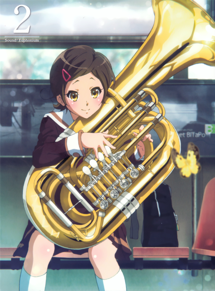 1girl album_cover bag bench black_bag blush brown_eyes brown_hair brown_shirt brown_skirt bug butterfly closed_mouth cover hair_ornament hairclip hibike!_euphonium highres holding holding_instrument ikeda_shouko instrument katou_hazuki kitauji_high_school_uniform kneehighs long_sleeves neckerchief official_art pleated_skirt red_neckerchief sailor_collar school_bag school_uniform serafuku shirt short_hair sitting skirt smile socks solo tuba white_sailor_collar white_socks