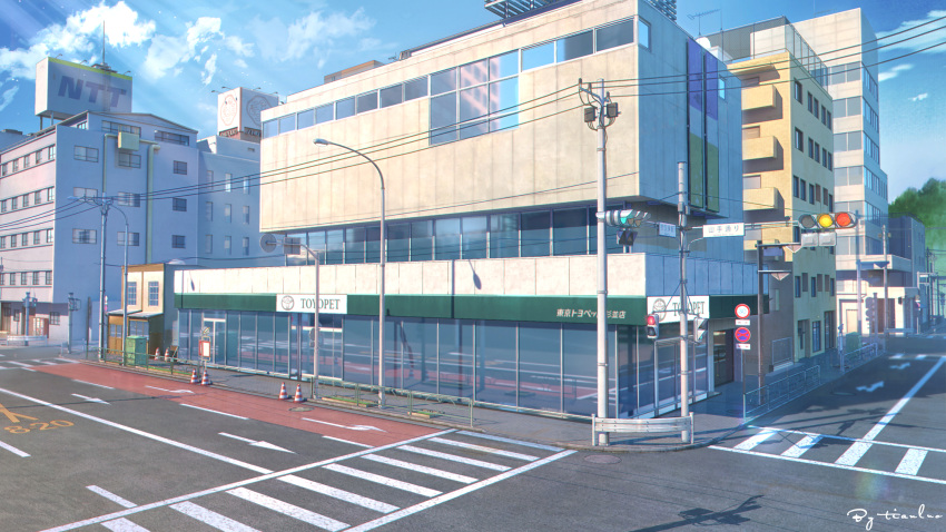 arrow_(symbol) blue_sky building city cityscape clouds crosswalk day feaa guard_rail highres lamppost no_humans original power_lines railing road road_sign scenery shadow sidewalk sign signature sky street traffic_cone traffic_light utility_pole