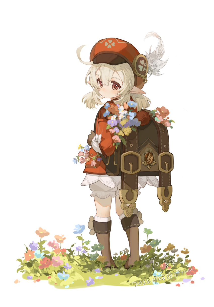 1girl 57friend absurdres ahoge backpack bag bangs blonde_hair bloomers blue_flower boots brown_footwear brown_gloves dated dress flower genshin_impact gloves grass hair_between_eyes hat hat_feather highres klee_(genshin_impact) long_sleeves low_twintails no_mouth pink_flower pointy_ears purple_flower red_dress red_eyes red_flower red_headwear sidelocks simple_background solo standing twintails underwear vision_(genshin_impact) white_background white_flower yellow_flower