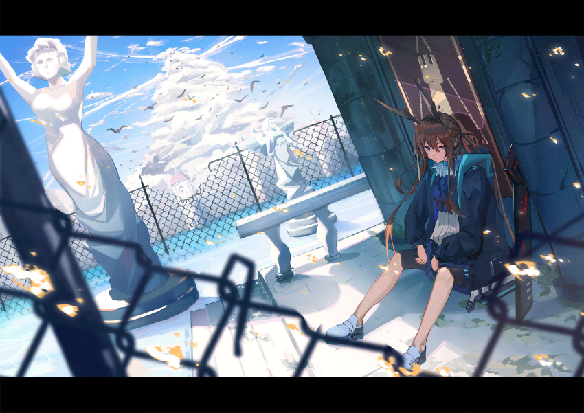 1girl amiya_(arknights) amiya_(guard)_(arknights) animal_ears arknights ascot bird blue_ascot blue_coat blue_eyes blue_footwear blue_skirt brown_hair clouds coat commentary cumulonimbus_cloud day defensive_wall expressionless fence hair_between_eyes highres hooded_coat infection_monitor_(arknights) letterboxed long_hair looking_at_viewer nobana_(nobanakk) open_clothes open_coat parted_lips plaid plaid_skirt ponytail rabbit_ears railing rhodes_island_logo sheath shirt shoes sidelocks sitting skirt sky solo statue sword symbol-only_commentary tower very_long_hair weapon white_shirt wide_shot