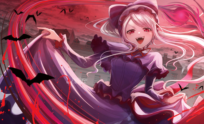 1girl absurdres artist_name bangs bat_(animal) bow breasts clouds dress fangs frills gothic_lolita highres house lolita_fashion long_hair long_sleeves looking_at_viewer neck_ribbon nellforce open_mouth outdoors overlord_(maruyama) ponytail red_eyes red_ribbon red_sky ribbon shalltear_bloodfallen sky smile solo teeth upper_teeth vampire