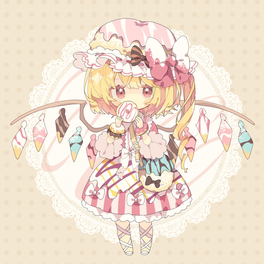1girl bag black_bow blonde_hair blush bow chibi collared_shirt commentary covering_mouth crystal doughnut eyebrows_hidden_by_hair flandre_scarlet food frilled_shirt_collar frilled_skirt frills full_body handbag hat hat_bow highres holding holding_food long_hair looking_at_viewer mob_cap multicolored_clothes multicolored_skirt neck_ribbon nikorashi-ka pink_bow pink_headwear pink_ribbon pink_shirt polka_dot polka_dot_background red_eyes ribbon shirt side_ponytail skirt solo star_(symbol) star_in_eye striped striped_bow symbol_in_eye touhou waist_bow wings