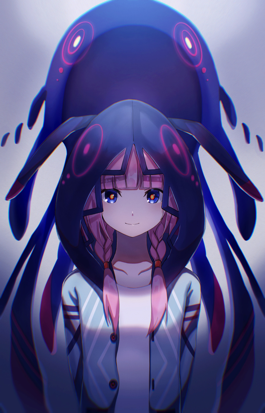 1girl absurdres arms_behind_back bangs black_hood blue_eyes blue_hoodie blunt_bangs braid buttons chromatic_aberration closed_mouth collarbone commentary_request creature gradient gradient_background grey_background highres hood hood_up hoodie kaf_(kamitsubaki_studio) kamitsubaki_studio long_hair looking_at_viewer low_twin_braids open_clothes open_hoodie pink_hair shirt smile solo striped striped_hoodie tirudo29 twin_braids upper_body white_shirt yellow_pupils