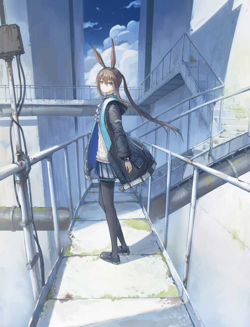1girl absurdres amiya_(arknights) animal_ears arknights bangs black_jacket black_pantyhose blue_eyes blue_skirt blue_sky brown_hair closed_mouth clouds commentary hang000 highres jacket long_hair long_sleeves looking_at_viewer open_clothes outdoors pantyhose ponytail rabbit_ears rust shadow skirt sky smile solo stairs standing