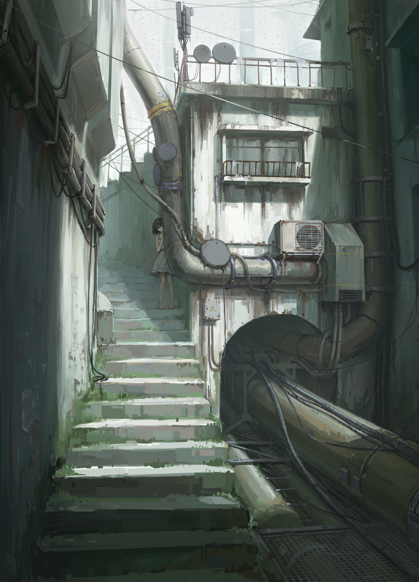 1girl absurdres air_conditioner barefoot black_hair chinese_commentary city cityscape commentary_request dress hang000 highres industrial_pipe looking_at_viewer original outdoors ruins scenery short_hair solo stairs white_dress wide_shot