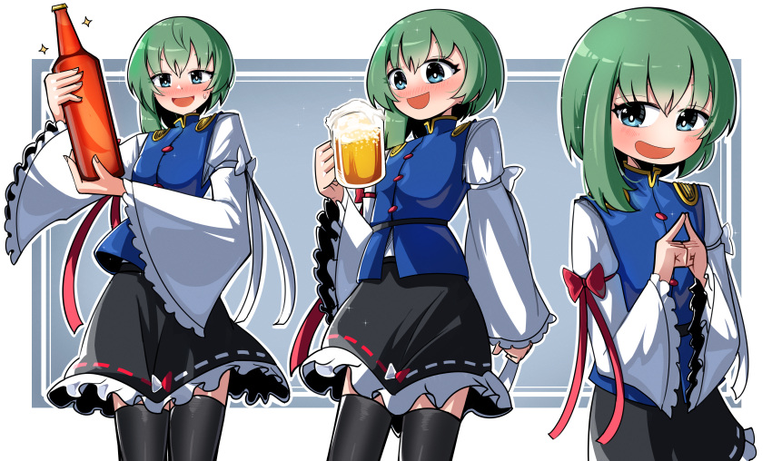 1girl absurdres alcohol asymmetrical_hair bangs beer beer_mug black_skirt black_thighhighs blue_eyes blue_vest blush bottle bow breasts buttons commentary cowboy_shot cup drunk epaulettes green_hair highres index_fingers_together long_sleeves looking_at_viewer mug multiple_views no_hat no_headwear open_mouth red_bow ribbon-trimmed_skirt ribbon_trim shiki_eiki shirt short_hair sidelocks skirt sleeve_bow small_breasts smile spam_(spamham4506) thigh-highs touhou vest white_bow white_shirt wide_sleeves wine_bottle zettai_ryouiki