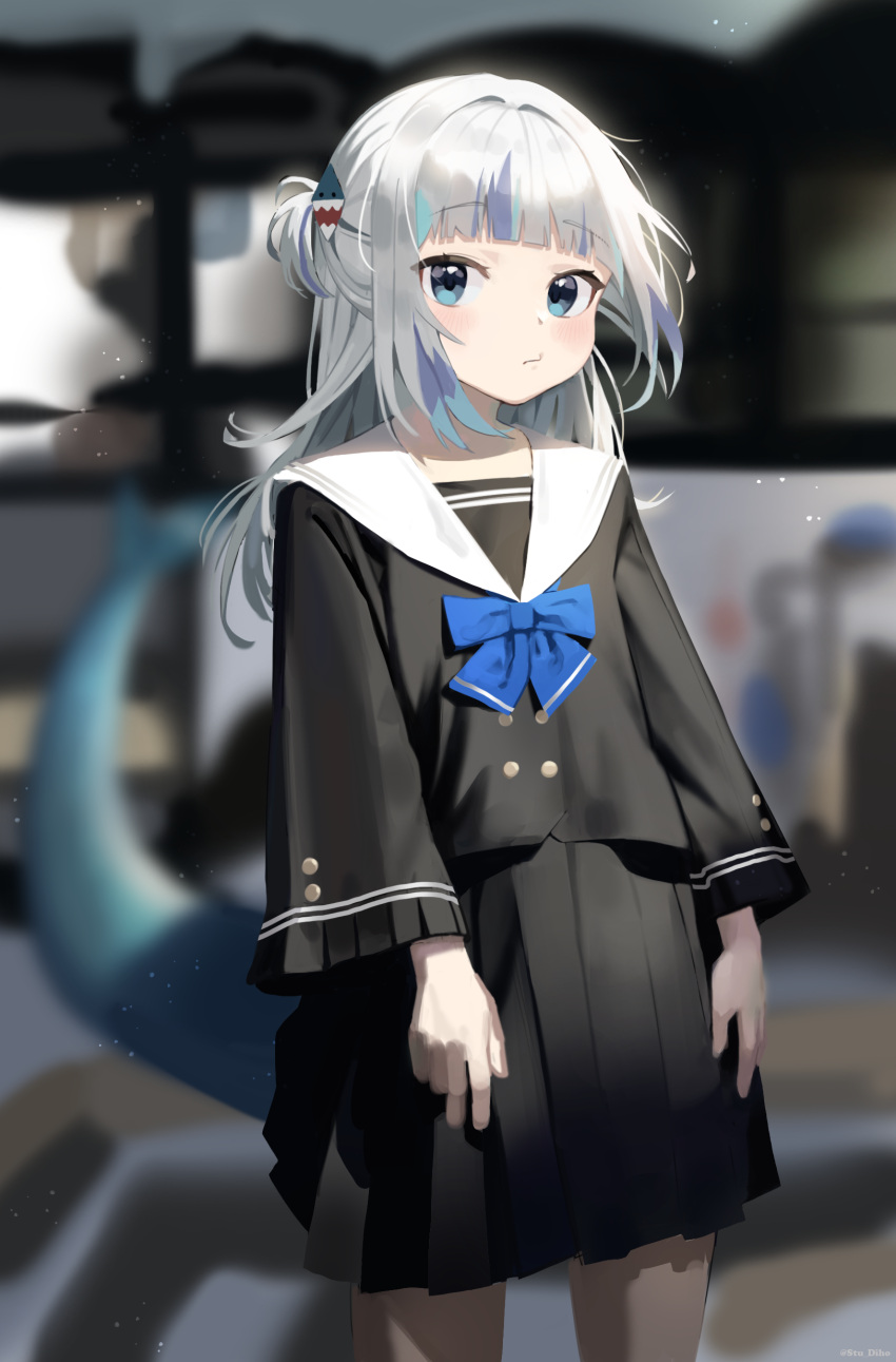 1girl absurdres antenna_hair aqua_hair artist_name bangs black_serafuku black_skirt blue_bow blue_bowtie blue_eyes blue_hair blunt_bangs blurry blurry_background bow bowtie buttons closed_mouth depth_of_field fish_tail gawr_gura hair_ornament hands_on_own_thighs highres hololive hololive_english light_blush light_particles long_hair long_sleeves looking_at_viewer multicolored_hair pleated_skirt pout sailor_collar school_uniform serafuku shark_girl shark_hair_ornament shark_tail skirt solo standing streaked_hair striped_sleeves stu_diho tail two_side_up virtual_youtuber white_hair white_sailor_collar