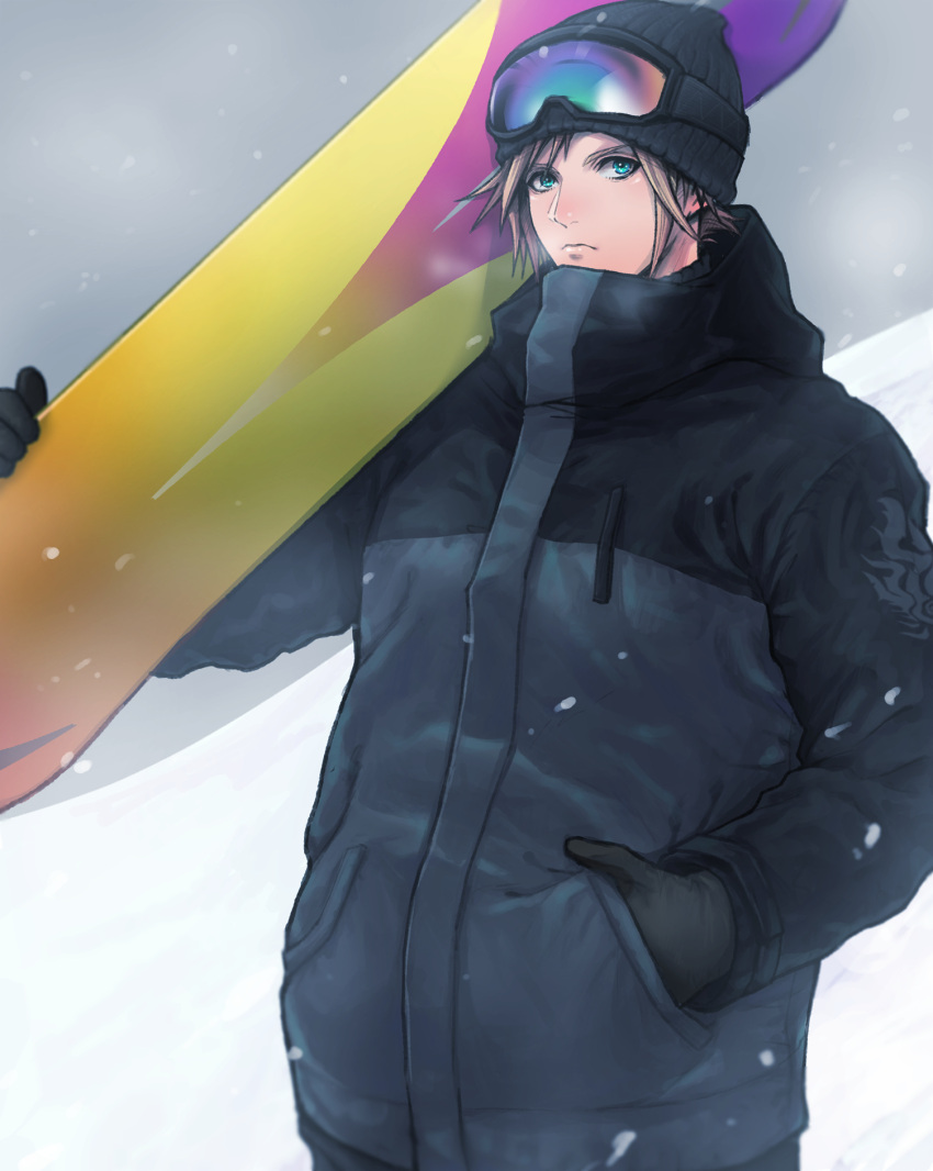 1boy alternate_costume aqua_eyes bangs beanie beckey9415 black_gloves blonde_hair cloud_strife coat final_fantasy final_fantasy_vii final_fantasy_vii_remake gloves goggles goggles_on_head grey_sky hand_in_pocket hat highres holding_snowboard male_focus parted_bangs short_hair snow snowboard snowing solo turtleneck upper_body winter winter_clothes winter_coat