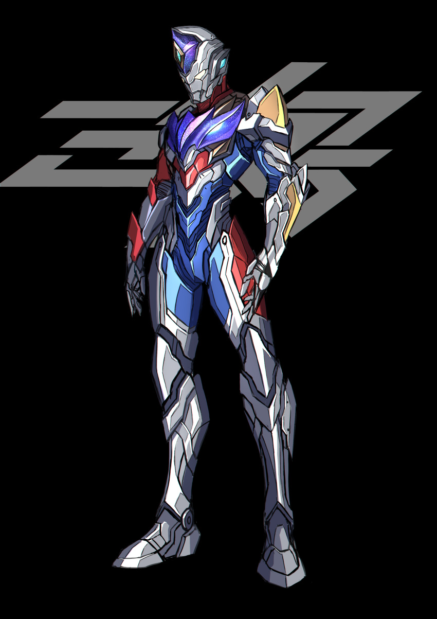 1boy 3ok absurdres adapted_costume black_background highres male_focus open_hands power_armor science_fiction solo standing ultra_series ultraman_(hero's_comics) ultraman_decker ultraman_decker_(series) ultraman_suit yellow_eyes