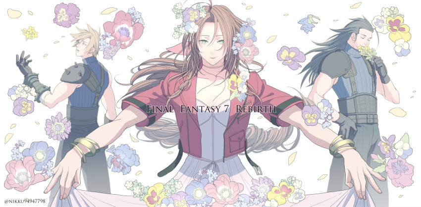 1girl 2boys aerith_gainsborough armor bandaged_arm bandages bangle bangs belt black_hair black_pants blonde_hair blue_shirt bracelet braid braided_ponytail breasts choker closed_eyes clothes_lift cloud_strife cowboy_shot cropped_jacket dress dress_lift earrings falling_petals final_fantasy final_fantasy_vii final_fantasy_vii_remake floral_background flower gloves green_eyes hair_between_eyes hair_flower hair_ornament hair_ribbon hair_slicked_back hand_on_hip highres holding holding_flower jacket jewelry long_dress long_hair looking_at_viewer looking_up medium_breasts multiple_belts multiple_boys muscular muscular_male outstretched_arms pants parted_bangs parted_lips petals pink_dress pink_ribbon red_jacket ribbon shirt short_hair short_sleeves shoulder_armor sidelocks single_earring sleeveless sleeveless_turtleneck smelling_flower smile spiky_hair t3_(19841230) turtleneck wavy_hair white_background zack_fair