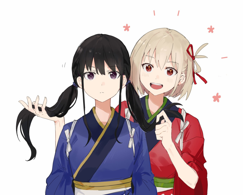 2girls :d alternate_hairstyle black_hair blonde_hair blue_kimono blush commentary expressionless hair_ribbon hair_rings highres inoue_takina japanese_clothes kimono long_hair long_sleeves lycoris_recoil mordred_kui multiple_girls nishikigi_chisato notice_lines obi open_mouth red_kimono red_ribbon ribbon sash short_hair smile sparkling_eyes tasuki twintails upper_body violet_eyes