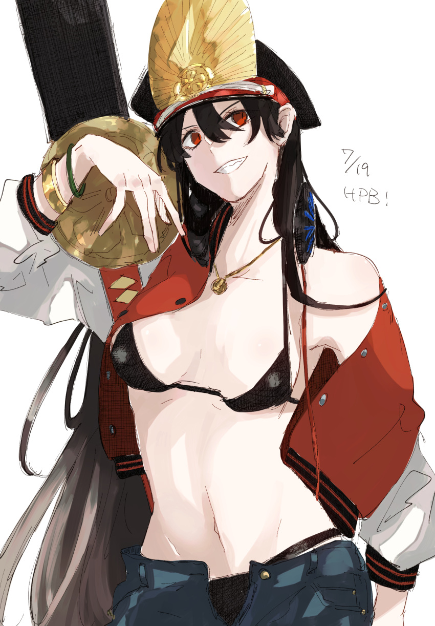 1girl bangs bikini black_bikini black_hair black_headwear bracelet breasts breasts_apart collar collarbone family_crest fate/grand_order fate_(series) guitar hanamuraugk hat headphones headphones_around_neck highres instrument jacket jewelry letterman_jacket long_hair long_sleeves medium_breasts navel oda_nobunaga_(fate) oda_nobunaga_(swimsuit_berserker)_(first_ascension)_(fate) oda_uri off_shoulder open_clothes open_jacket open_shorts oversized_object peaked_cap red_eyes shorts simple_background small_breasts solo swimsuit thighs white_background