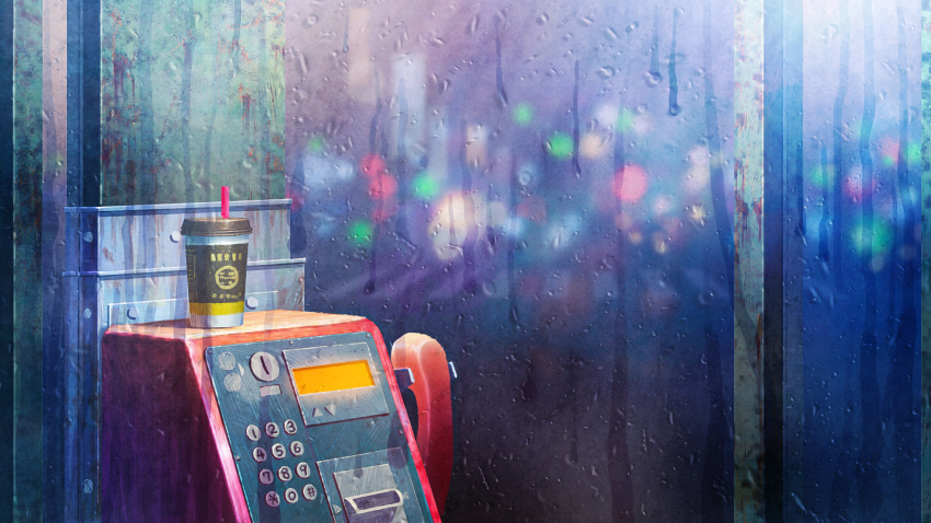 coffee_cup color_creation commentary_request cup disposable_cup drinking_straw highres no_humans original payphone phone phone_booth rain scenery water_drop
