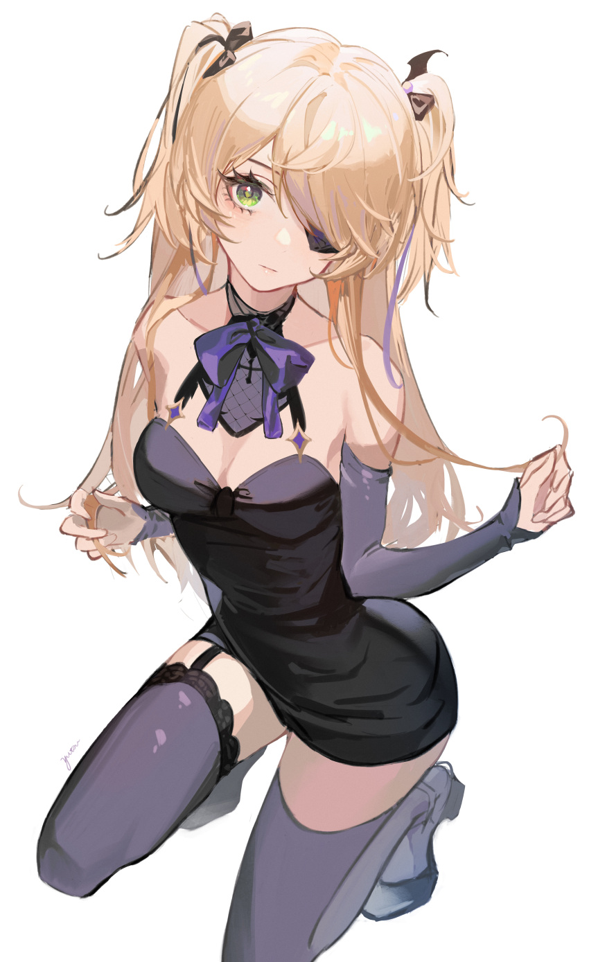 1girl absurdres alternate_costume black_dress black_ribbon blonde_hair detached_sleeves dress elbow_gloves eyepatch fischl_(genshin_impact) garter_straps genshin_impact gloves green_eyes highres long_hair looking_at_viewer purple_gloves purple_thighhighs ribbon solo thigh-highs two_side_up yutou_(yutou75)