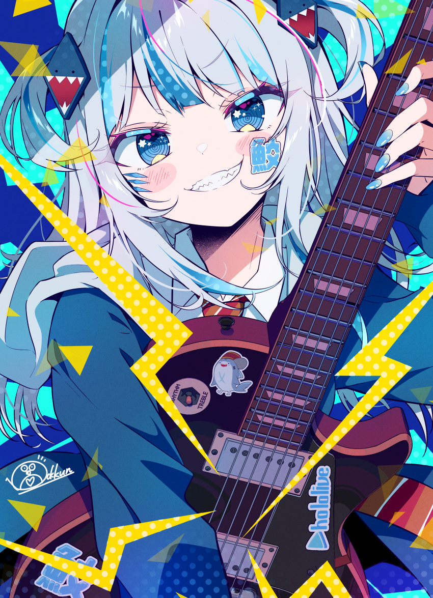 absurdres bangs bloop_(gawr_gura) blue_background blue_eyes blue_hair blue_hoodie blue_nails blush bokkun_(doyagaobyo) collared_shirt dot_nose dress_shirt eyelashes fingernails gawr_gura grin guitar hair_ornament highres hololive hololive_english hood hoodie instrument long_fingernails medium_hair multicolored_background multicolored_hair nail_art necktie red_necktie shark_girl shark_hair_ornament sharp_fingernails sharp_teeth shirt sidelocks signature smile star_(symbol) star_in_eye sticker streaked_hair striped_necktie symbol_in_eye teeth two_side_up upper_body virtual_youtuber white_shirt