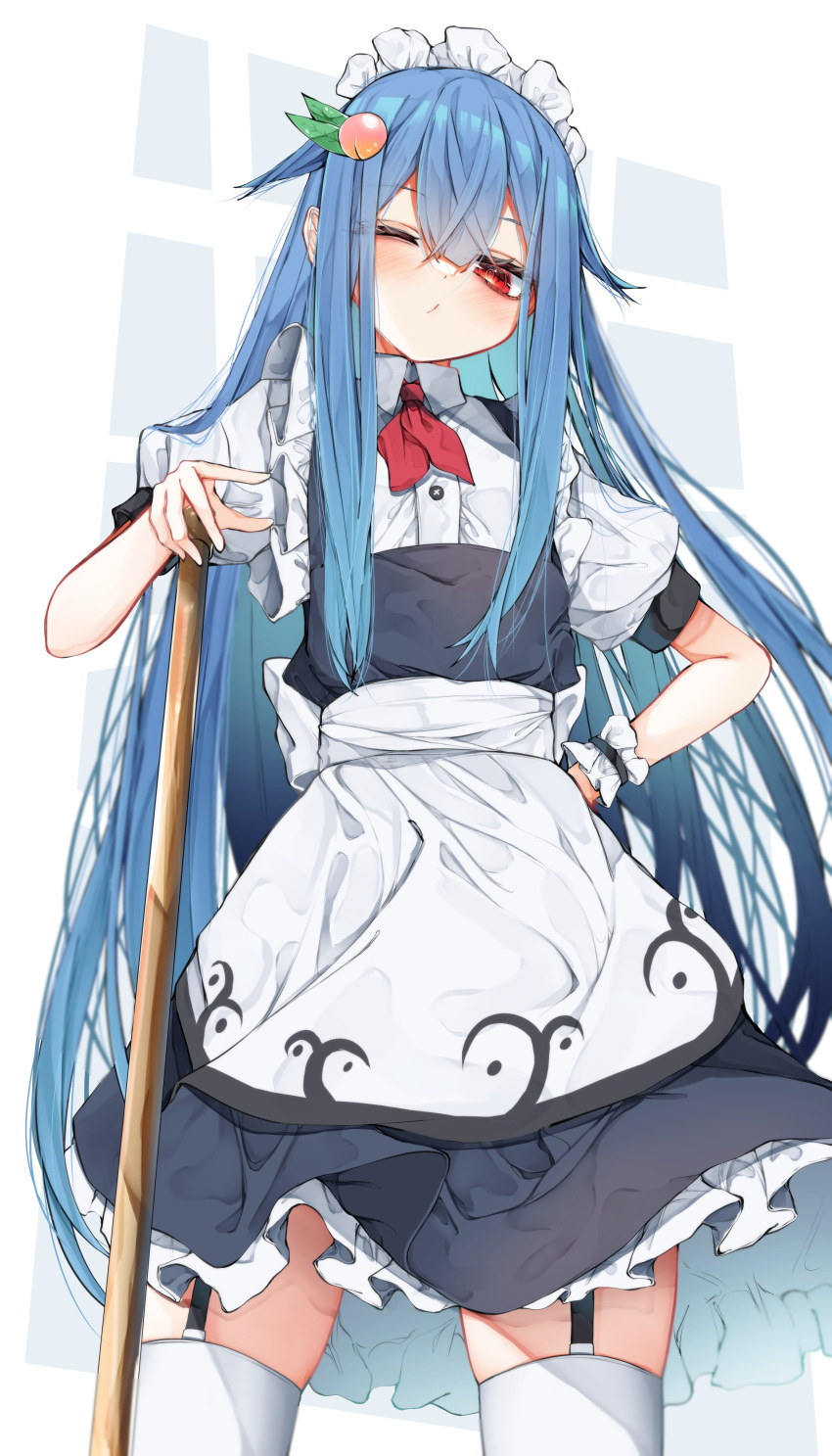 1girl absurdres alternate_costume ascot blue_hair blush closed_mouth commentary_request enmaided food-themed_hair_ornament garter_straps hair_between_eyes hair_ornament hand_on_hip highres hinanawi_tenshi long_hair looking_at_viewer maid maid_headdress no_hat no_headwear one_eye_closed peach_hair_ornament puffy_short_sleeves puffy_sleeves red_ascot red_eyes short_sleeves solo standing thigh-highs thighs touhou tsune_(tune) white_thighhighs
