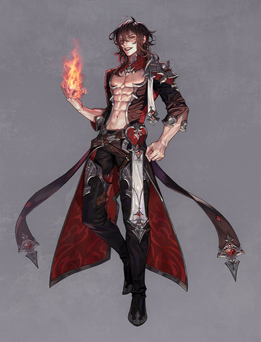 1boy abs ahoge armor belt black_footwear brown_belt brown_coat brown_hair center_opening clenched_hand coat fingernails fire flame flaming_hand full_body gem grey_background grin hair_between_eyes hand_up heart highres krita_(medium) looking_at_viewer male_focus navel open_clothes open_coat original pants parted_lips patterned patterned_clothing pauldrons pyrokinesis red_eyes red_gemstone shoulder_armor single_pauldron sleeves_past_elbows smile solo teeth toned toned_male zero_q_0q