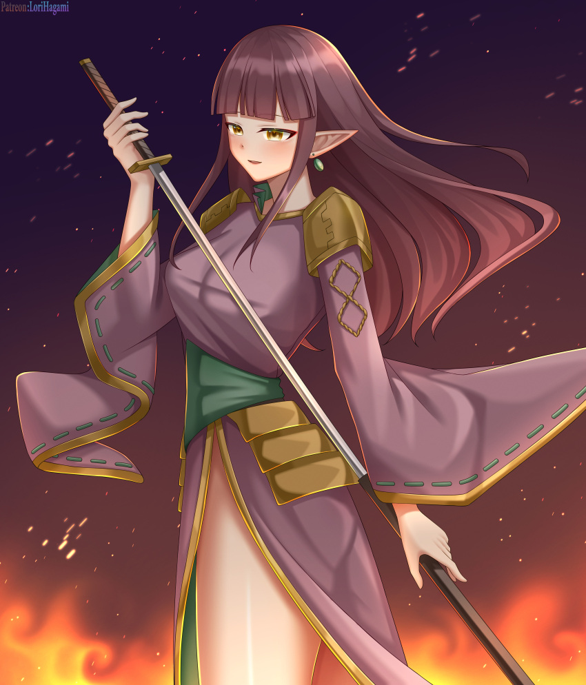 1girl absurdres ass black_hair blunt_bangs blush breasts brown_hair busty commission commissioner_upload dress earrings elf embers fire highres holding holding_sword holding_weapon japanese_clothes jewelry katana large_breasts legs long_hair long_sleeves lori_hagami official_art pointy_ears purple_dress sheath smile solo sword thighs ways_of_darkness_(series) weapon wide_sleeves yellow_eyes ypsel