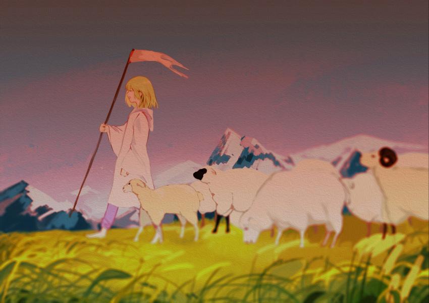 1boy ^_^ animal arm_at_side bangs barefoot blurry bob_cut closed_eyes depth_of_field enkidu_(fate) fate/grand_order fate_(series) field flag flock grass grazing_(livestock) happy highres holding holding_flag hood hood_down hooded_robe laughing long_sleeves mountainous_horizon nature outdoors pants profile purple_pants robe sheep shepherd short_hair sky walking white_robe wide_sleeves zhizhicyzey