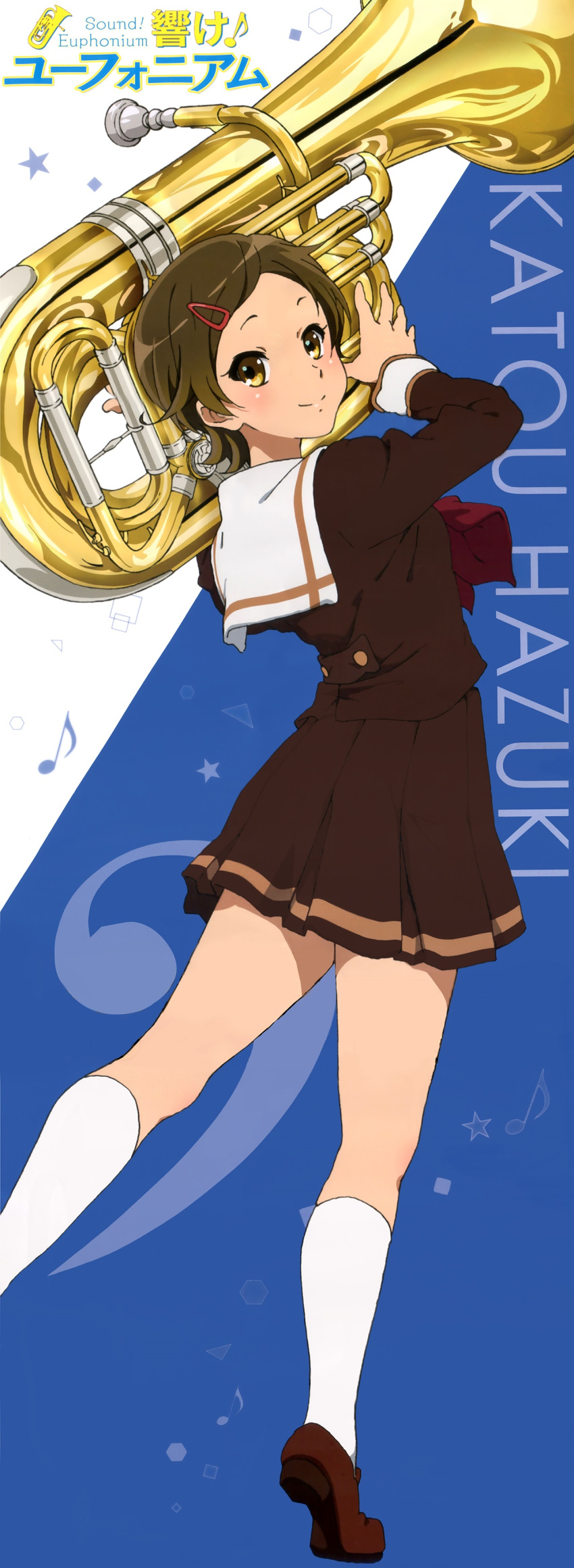 1girl absurdres artist_request bangs blush brown_eyes brown_footwear brown_hair brown_shirt brown_skirt character_name closed_mouth euphonium hair_ornament hairclip hands_up hibike!_euphonium highres holding holding_instrument instrument katou_hazuki kitauji_high_school_uniform leg_up loafers long_sleeves looking_at_viewer looking_back neckerchief official_art pleated_skirt red_neckerchief sailor_collar school_uniform serafuku shirt shoes short_hair skirt smile socks solo white_sailor_collar white_socks