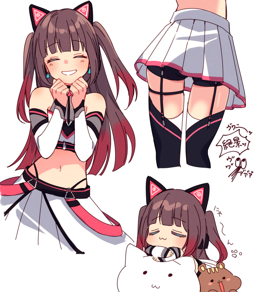 1girl :3 bangs bare_shoulders belt black_belt black_shorts black_thighhighs blunt_bangs blush brown_hair cat_ear_headphones chest_belt chibi clenched_hands closed_eyes collar cowboy_shot crop_top detached_sleeves earrings from_behind garter_straps head_rest headphones highleg highleg_panties highres hololive jewelry long_hair lower_body matsurisu midriff multicolored_hair multiple_views natsuiro_matsuri nitumaruta official_alternate_costume open_mouth panties panty_straps pleated_skirt redhead shorts skindentation skirt skirt_set sleeping sleeveless smile solo thigh-highs thigh_strap triangle_earrings two-tone_hair two_side_up underbust underwear upskirt virtual_youtuber white_skirt white_sleeves