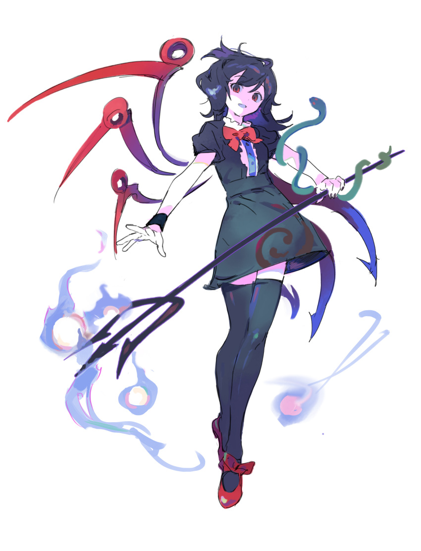 1girl asymmetrical_wings black_dress black_hair blue_wings bow bowtie dress full_body highres houjuu_nue iovebly polearm red_bow red_bowtie red_eyes red_footwear shoes short_dress snake solo thigh-highs touhou trident weapon wings zettai_ryouiki