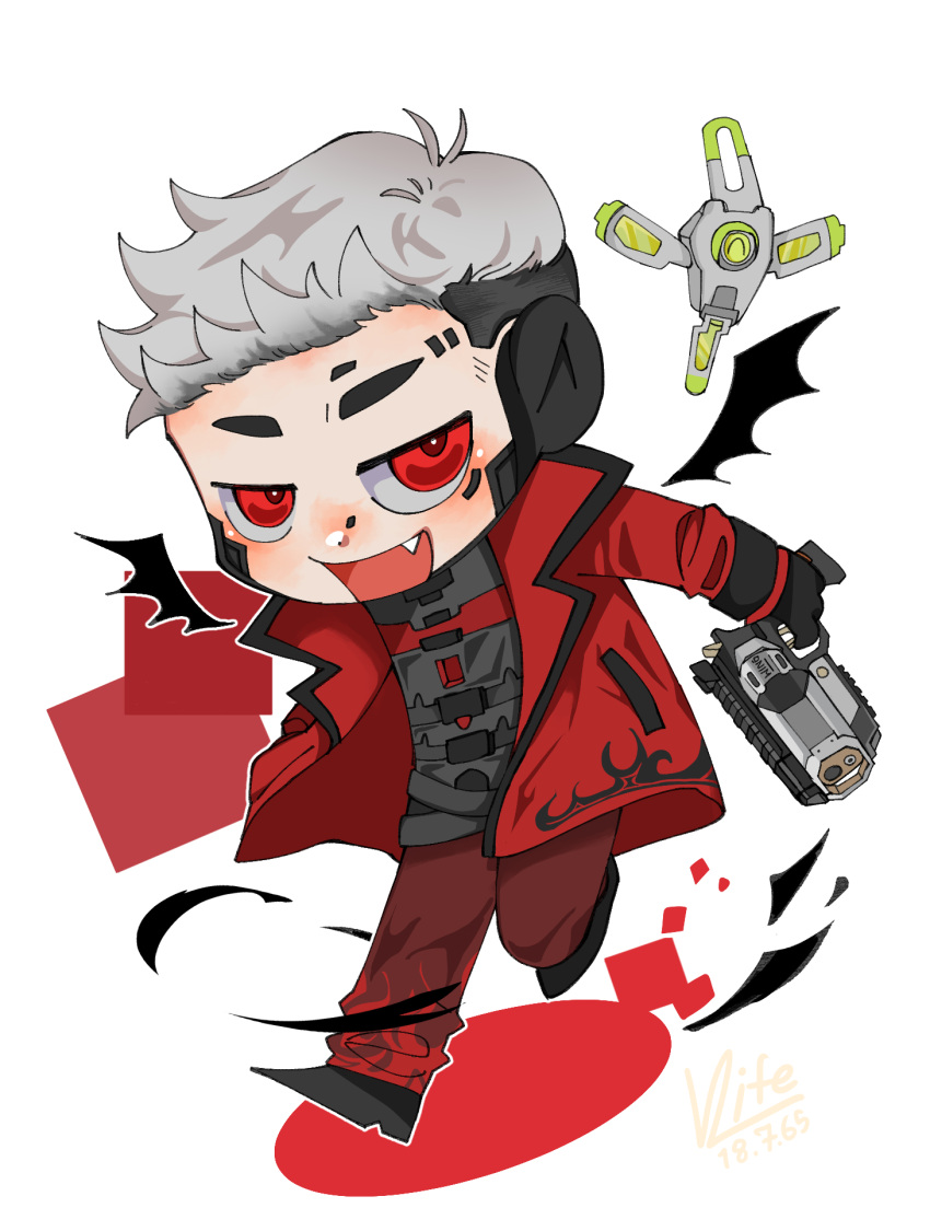 1boy apex_legends b3_wingman chibi crypto_(apex_legends) devil's_advocate_crypto fang flame_print grey_hair gun hack_(apex_legends) handgun highres holding holding_gun holding_weapon jacket lavie_(karvlife) male_focus official_alternate_costume pants red_eyes red_jacket red_pants revolver smile solo undercut weapon
