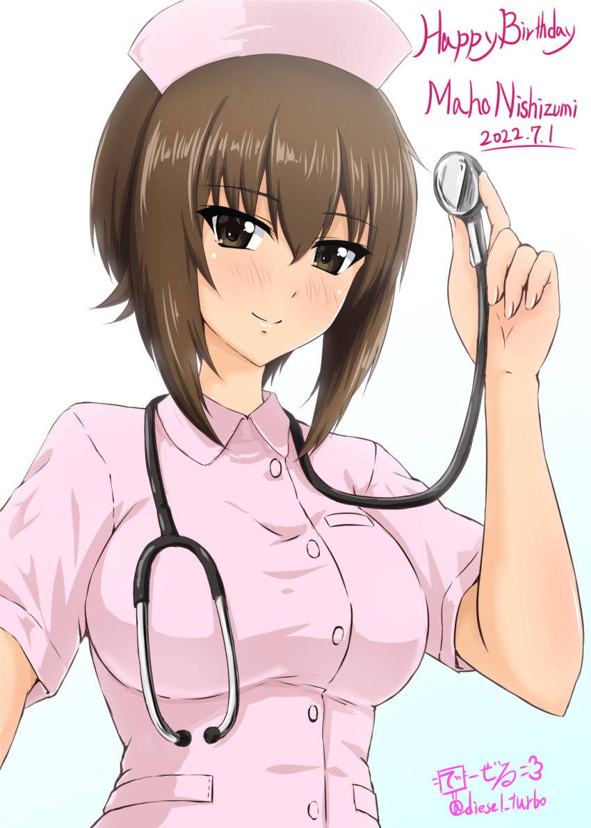 1girl alternate_costume artist_name blue_background blush breasts brown_eyes brown_hair character_name closed_mouth dated diesel-turbo girls_und_panzer gradient gradient_background happy_birthday hat highres large_breasts looking_at_viewer nishizumi_maho nurse nurse_cap shiny shiny_hair shiny_skin short_hair short_sleeves simple_background smile solo stethoscope upper_body