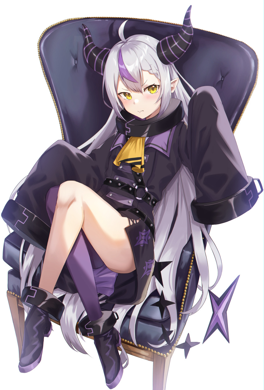 1girl :t absurdres ahoge ankle_boots ascot bangs black_coat black_horns blush boots braid braided_bangs chest_harness coat collar crossed_legs demon_girl demon_horns grey_hair hair_between_eyes harness highres hololive horns la+_darknesss long_hair long_sleeves looking_at_viewer mono_1010 multicolored_hair pointy_ears pout purple_hair purple_horns purple_thighhighs side_slit single_thighhigh sitting sleeves_past_fingers sleeves_past_wrists slit_pupils solo streaked_hair striped_horns thigh-highs trench_coat v-shaped_eyebrows very_long_hair virtual_youtuber yellow_ascot yellow_eyes