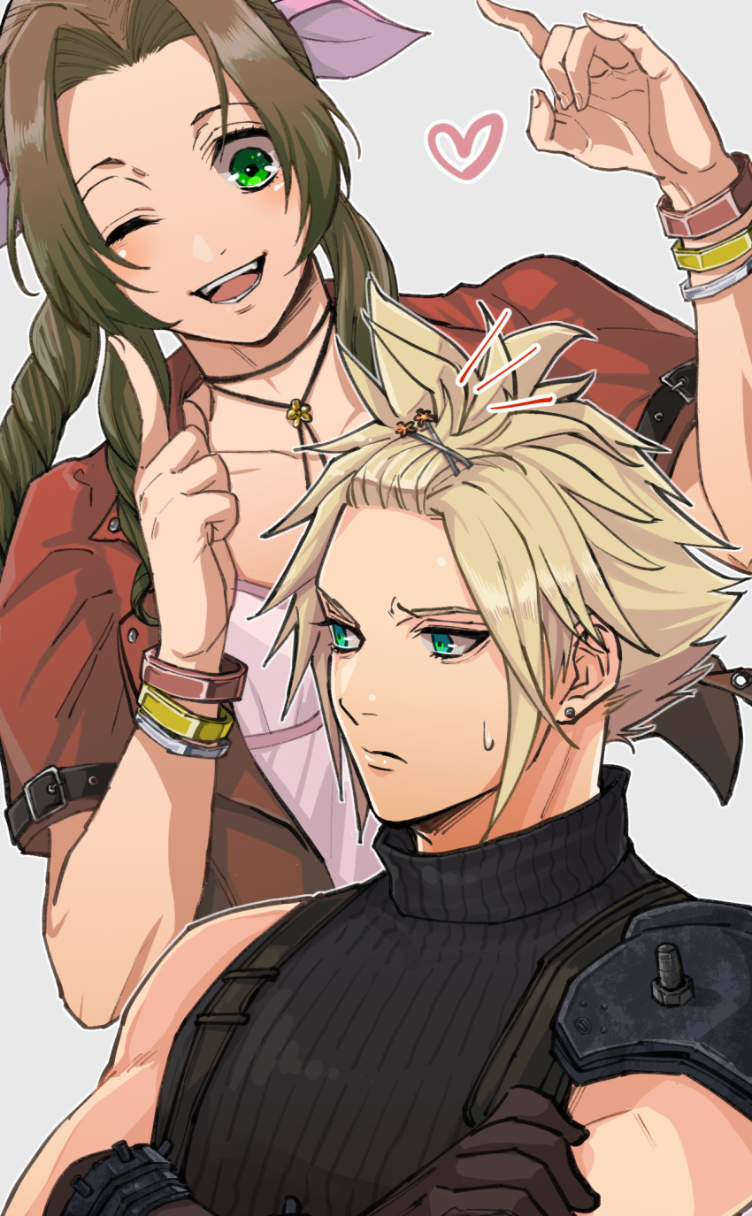 1boy 1girl aerith_gainsborough alternate_hairstyle aqua_eyes arm_up armor bangle bangs beckey9415 blonde_hair bracelet braid braided_ponytail brown_hair choker cloud_strife collarbone crossed_arms dress earrings final_fantasy final_fantasy_vii final_fantasy_vii_remake gloves green_eyes grey_background hair_ornament hair_ribbon hairpin heart highres jacket jewelry muscular one_eye_closed open_mouth parted_bangs pink_dress pink_ribbon pointing red_jacket ribbon short_sleeves shoulder_armor sidelocks single_earring sleeveless sleeveless_turtleneck smile suspenders sweatdrop teeth turtleneck upper_teeth wavy_hair