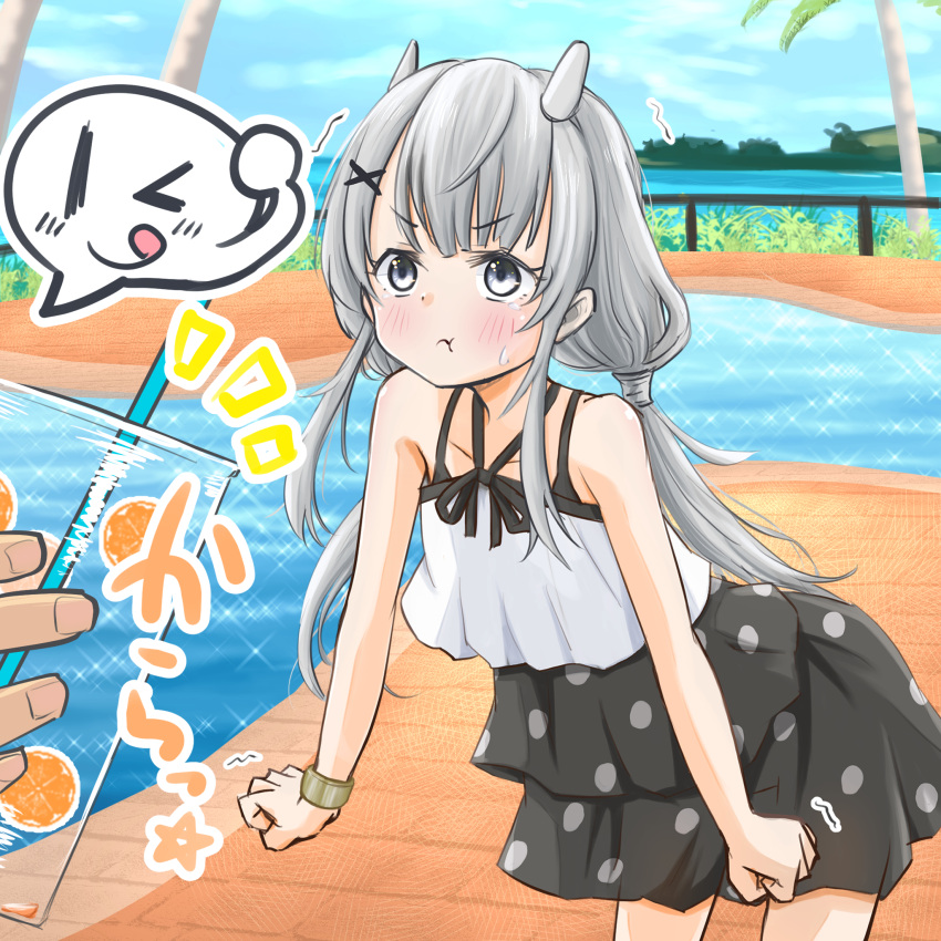 1girl blush closed_mouth collarbone drinking_straw grey_eyes grey_hair hair_ornament headgear highres holding i-201_(kancolle) kantai_collection long_hair official_alternate_costume polka_dot polka_dot_swimsuit pout solo_focus sosser swimsuit x_hair_ornament