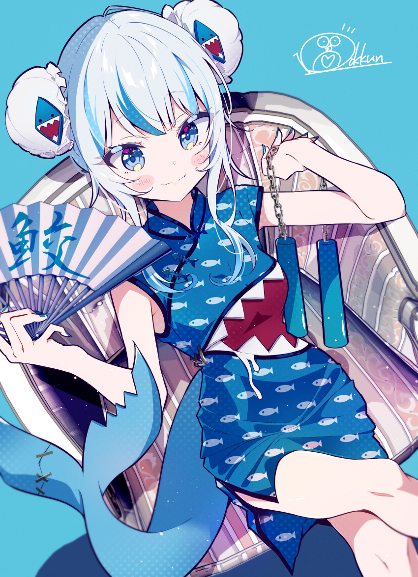 1girl absurdres adapted_costume bangs blue_background blue_dress blue_eyes blue_hair blue_nails blush bokkun_(doyagaobyo) breasts bun_cover chair china_dress chinese_clothes closed_mouth commentary_request crossed_legs double_bun dress elbow_rest fish_tail folding_fan gawr_gura hair_bun hair_ornament hand_fan hand_fan_writing highres holding holding_fan holding_nunchaku holding_weapon hololive hololive_english looking_at_viewer multicolored_hair nunchaku shark_hair_ornament shark_tail short_dress short_hair sidelocks signature simple_background sitting small_breasts smile solo streaked_hair tail virtual_youtuber weapon white_hair