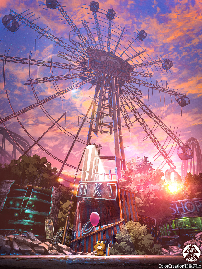 amusement_park artist_name balloon clouds color_creation commentary_request cup disposable_cup drink drinking_straw evening ferris_wheel highres lamppost no_humans original outdoors purple_sky ruins scenery sky twilight watermark