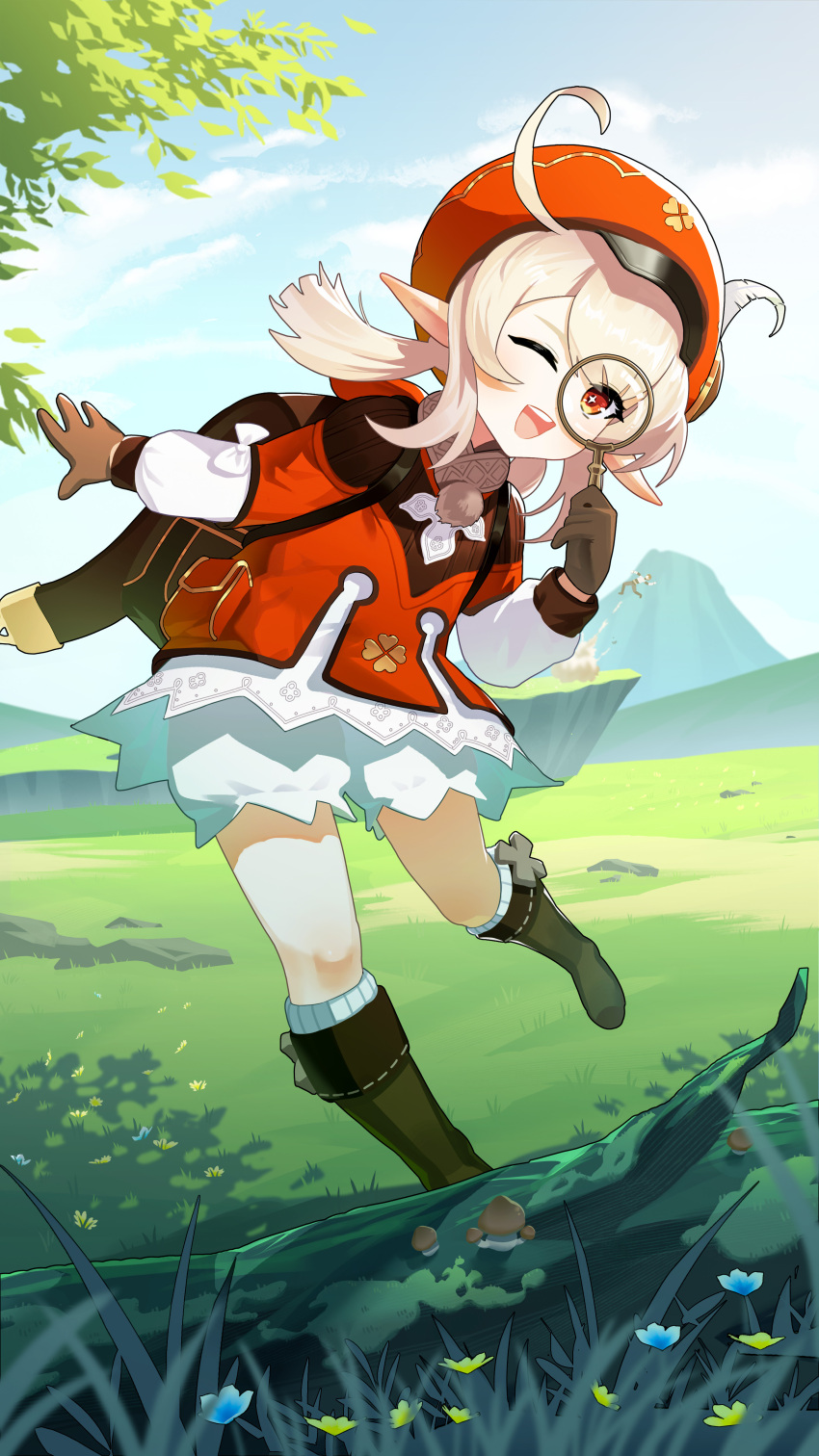 1girl ;d absurdres ahoge backpack bag bangs bloomers blue_sky boots brown_footwear brown_gloves brown_scarf cabbie_hat clouds cloudy_sky clover_hair_ornament coat commentary_request flower full_body genshin_impact gloves grass hair_between_eyes hair_ornament hat hat_feather hat_ornament highres holding holding_magnifying_glass jizhi_shaojiu klee_(genshin_impact) knee_boots kneeling light_brown_hair long_hair long_sleeves looking_at_viewer low_twintails magnifying_glass mountainous_horizon one_eye_closed orange_eyes pocket pointy_ears randoseru red_coat red_headwear scarf sidelocks sky smile solo sparkling_eyes standing standing_on_one_leg twintails underwear