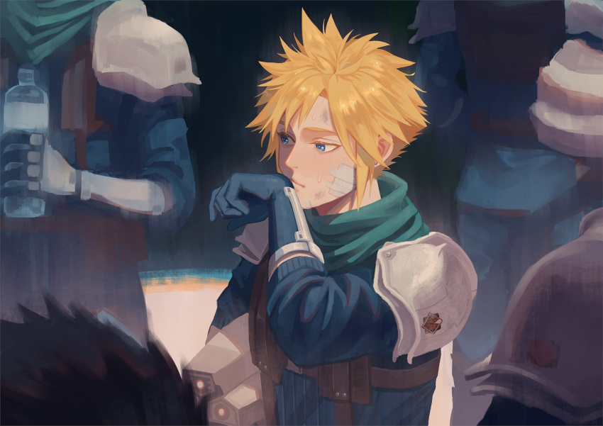armor bandage_on_face bandages black_hair blonde_hair blue_eyes blue_shirt bottle cloud_strife crisis_core_final_fantasy_vii dirty dirty_face final_fantasy final_fantasy_vii gloves green_scarf harness helmet highres ho_fan holding holding_bottle holding_helmet looking_to_the_side male_focus multiple_boys scarf shirt short_hair shoulder_armor spiky_hair upper_body wiping_mouth zack_fair