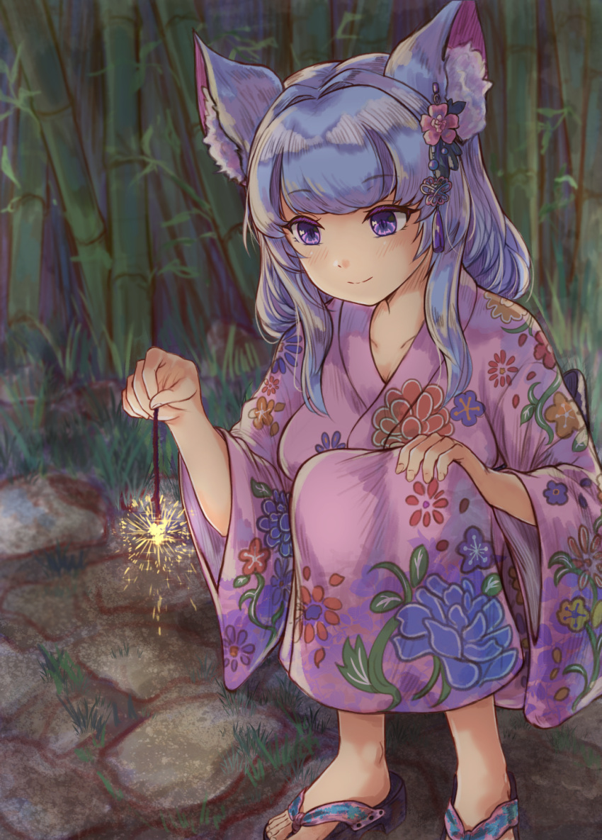 1girl animal_ear_fluff animal_ears aria_vlive bamboo bamboo_forest bangs black_footwear blue_hair closed_mouth commentary commission english_commentary fireworks floral_print flower forest hand_on_own_knee highres hikari_niji holding_fireworks indie_virtual_youtuber japanese_clothes kimono long_hair long_sleeves nature night outdoors pink_flower pink_kimono print_kimono senkou_hanabi smile solo sparkler squatting violet_eyes virtual_youtuber wide_sleeves zouri